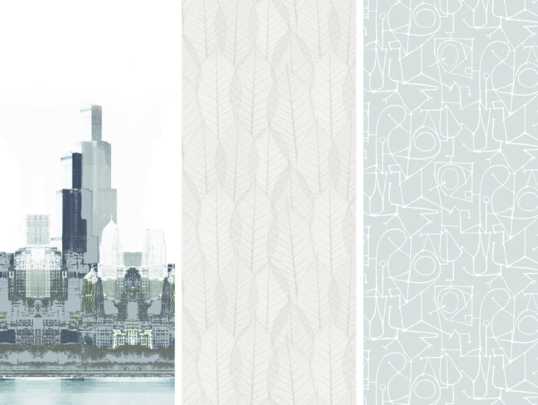 Musterübersicht für moderne Flächenvorhänge: Skyline, Blätter- und Linien-Design